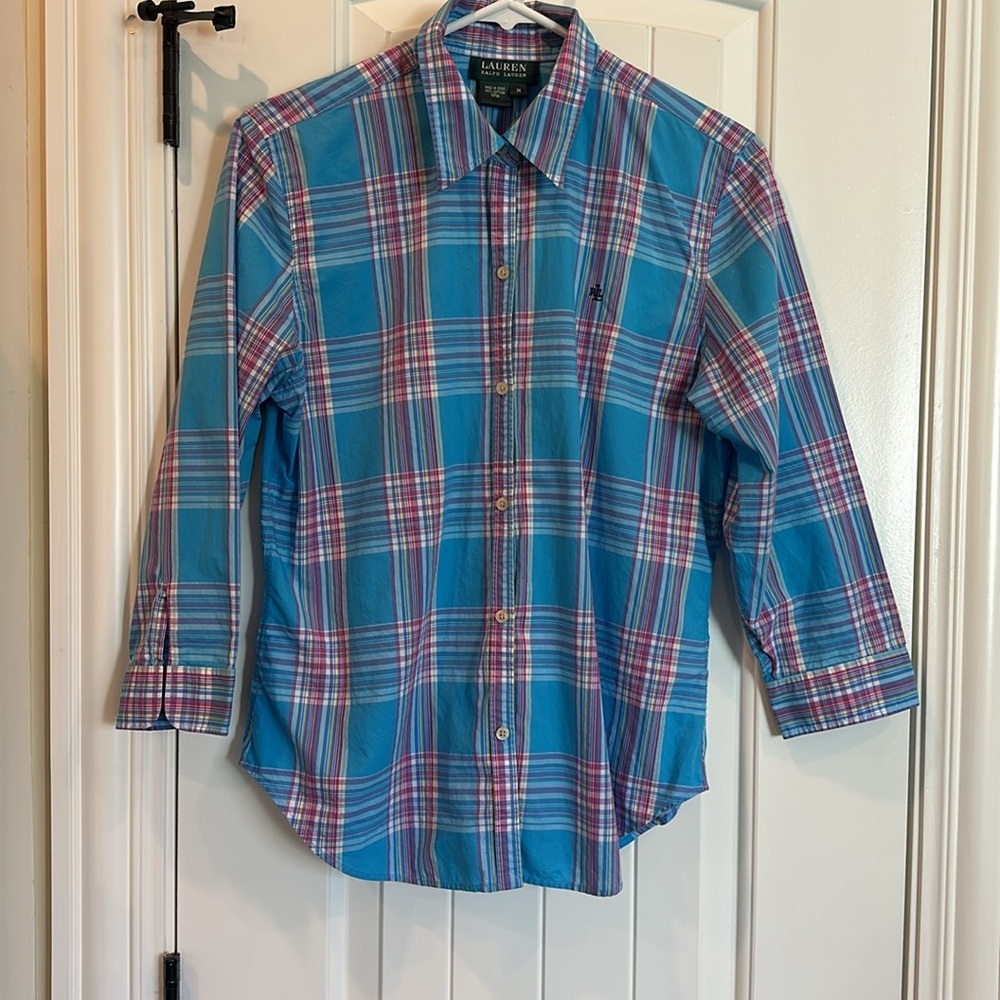 Lauren Ralph Lauren Blue Plaid Button Down Shirt - Picture 13 of 13